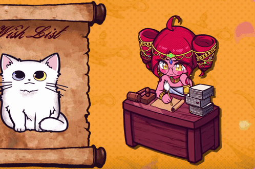 A Cartoon Drawing Of A Cat And A Girl With A Wish List Written On A Scroll GIF