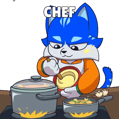 a cartoon drawing of a cat cooking with the word chef above him