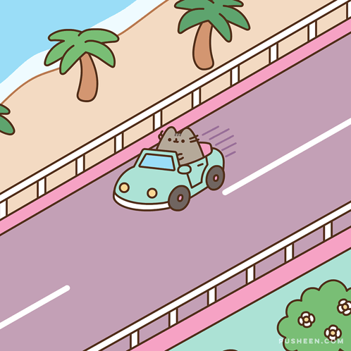 A Cartoon Drawing Of A Cat Driving A Car With Pusheen.com Written Below It GIF