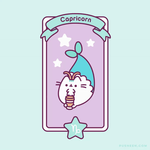 A Cartoon Drawing Of A Cat Holding A Cup With The Word Capricorn On It GIF