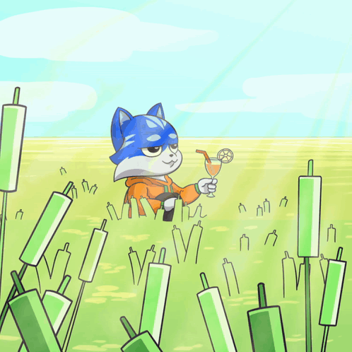 A Cartoon Drawing Of A Cat Holding A Drink In A Field Of Green Candles GIF