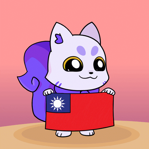 A Cartoon Drawing Of A Cat Holding A Red And Blue Flag GIF