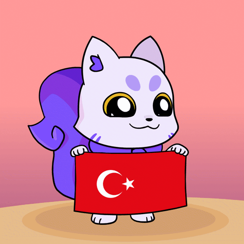 A Cartoon Drawing Of A Cat Holding A Red Flag With A C On It GIF
