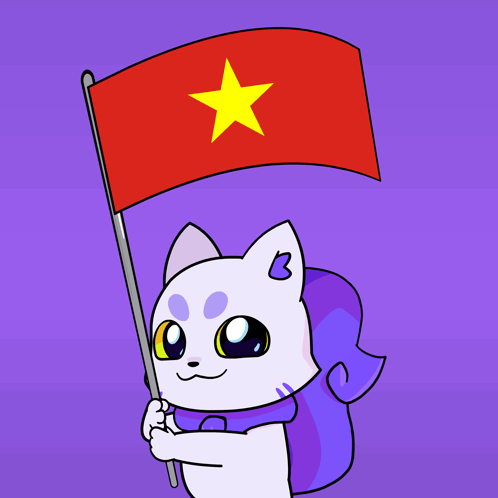 A Cartoon Drawing Of A Cat Holding A Red Flag With A Yellow Star On It GIF