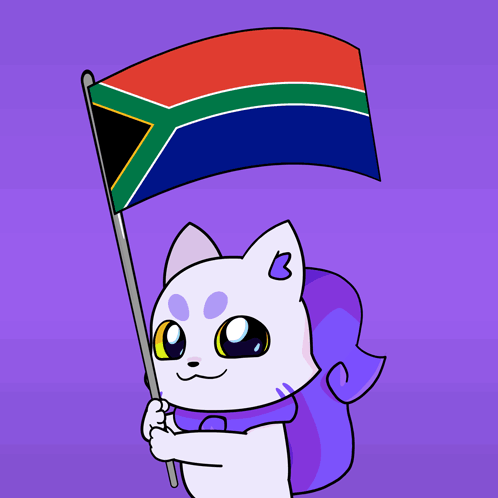 A Cartoon Drawing Of A Cat Holding A South Africa Flag GIF