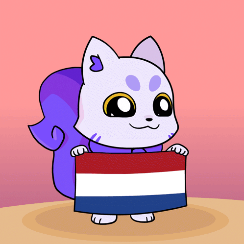 a cartoon drawing of a cat holding a striped flag