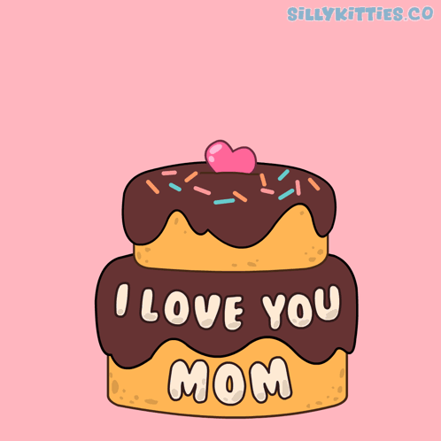 A Cartoon Drawing Of A Cat Holding Hearts And A Cake That Says I Love You Mom GIF