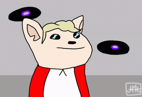 A Cartoon Drawing Of A Cat Holding Two Black Records GIF