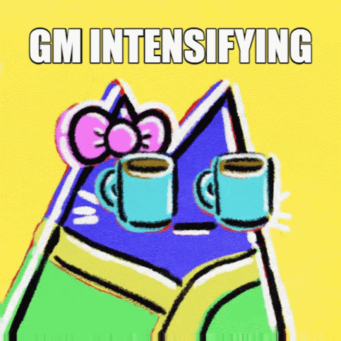 A Cartoon Drawing Of A Cat Holding Two Cups Of Coffee With The Words Gm Intensifying Above It GIF