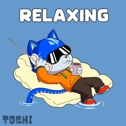 A Cartoon Drawing Of A Cat Laying On A Pillow With The Word Relaxing Above Him GIF