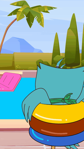 a cartoon drawing of a cat laying on a raft in a pool
