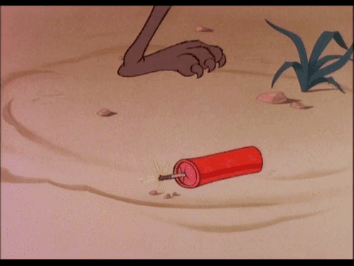 a cartoon drawing of a cat 's paw and a red can on the ground