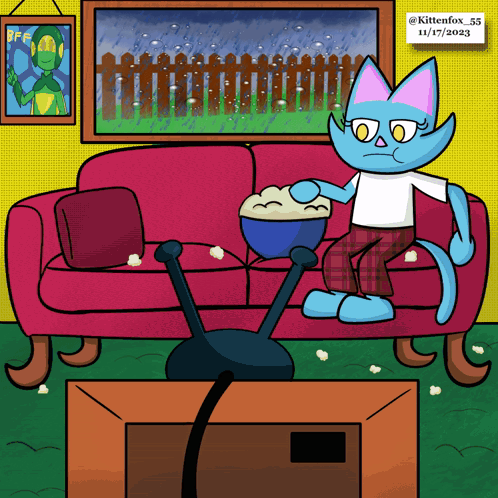 a cartoon drawing of a cat sitting on a couch with a bowl of popcorn