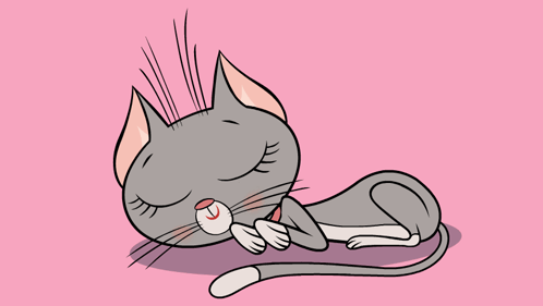 a cartoon drawing of a cat sleeping on a pink background