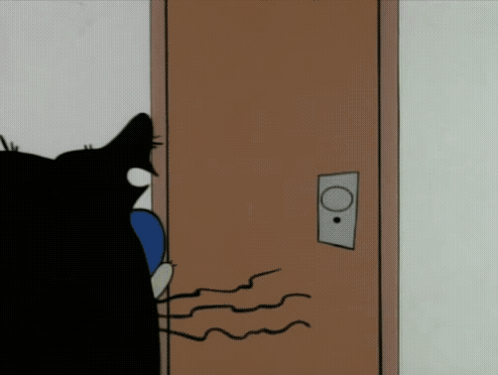 A Cartoon Drawing Of A Cat Standing In Front Of A Brown Door GIF