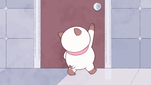 A Cartoon Drawing Of A Cat Standing In Front Of A Door With The Letter T On It GIF