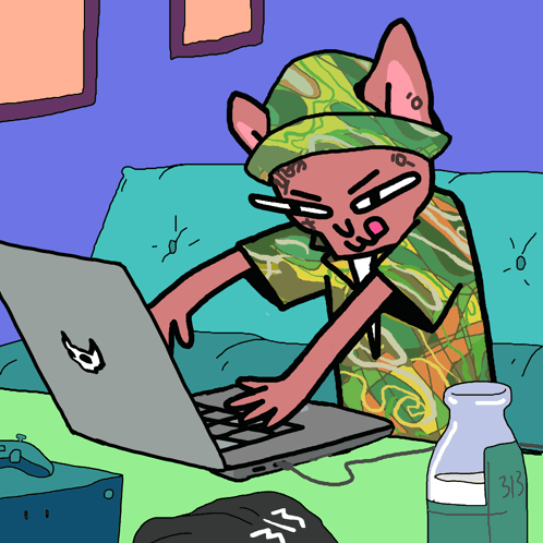 A Cartoon Drawing Of A Cat Using A Laptop With A Bottle Of 313 Next To Him GIF