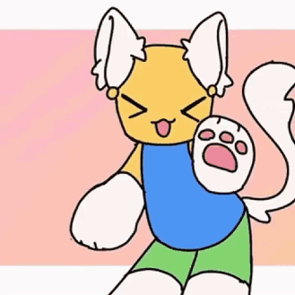 A Cartoon Drawing Of A Cat Wearing A Blue Shirt And Green Shorts Holding A Paw . GIF