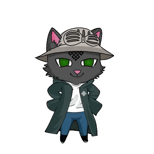 a cartoon drawing of a cat wearing a hat and coat