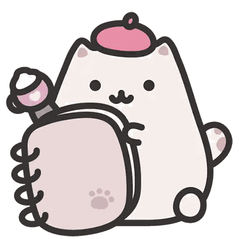 a cartoon drawing of a cat with a pink hat holding a notebook