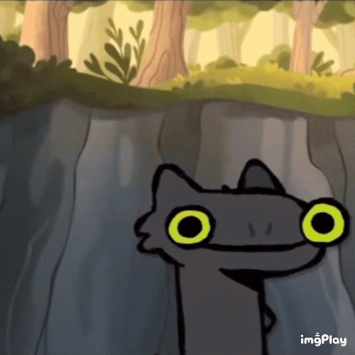 A Cartoon Drawing Of A Cat With Big Green Eyes And The Words Imgplay Below It GIF