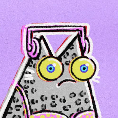 A Cartoon Drawing Of A Cat With Big Yellow Eyes And A Triangle On Its Head GIF
