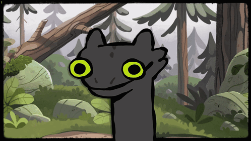 A Cartoon Drawing Of A Cat With Big Yellow Eyes In A Forest GIF