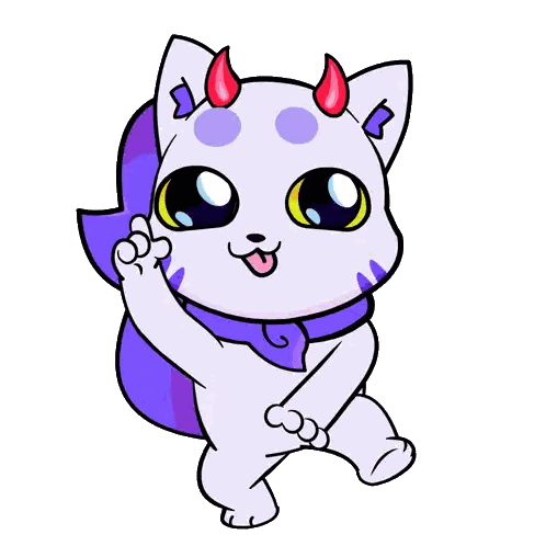 a cartoon drawing of a cat with red horns and a purple tail