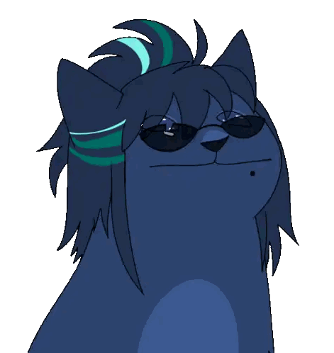 a cartoon drawing of a cat with sunglasses and a ponytail