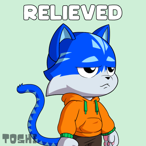 A Cartoon Drawing Of A Cat With The Word Relieved Written Above It GIF
