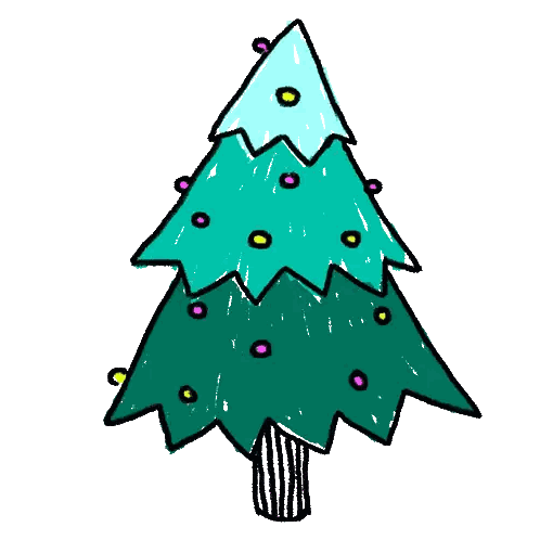 a cartoon drawing of a christmas tree with colorful lights on it