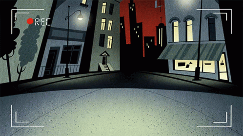 A Cartoon Drawing Of A City Street With A Red Rec Button In The Corner GIF