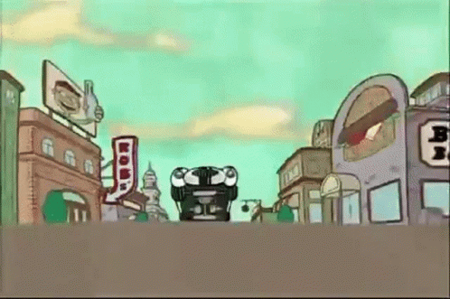 A Cartoon Drawing Of A City Street With A Sign That Says ' Burger King ' On It GIF