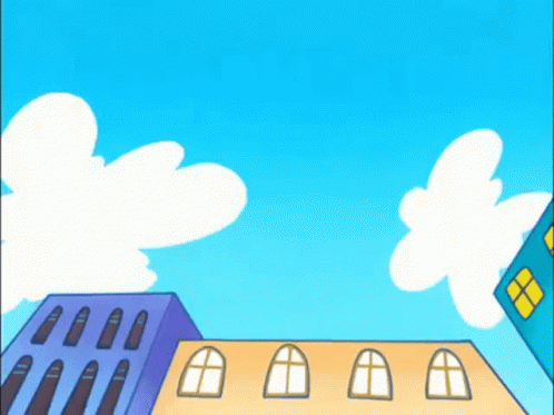 a cartoon drawing of a city with a blue sky and clouds