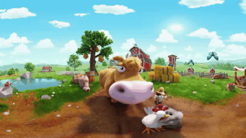 A Cartoon Drawing Of A Cow And Chicken On A Farm With A Red Barn In The Background GIF