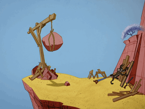 A Cartoon Drawing Of A Coyote And A Catapult With A Large Rock Hanging From It GIF
