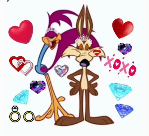 A Cartoon Drawing Of A Coyote And A Chicken With Hearts And Diamonds Around Them GIF