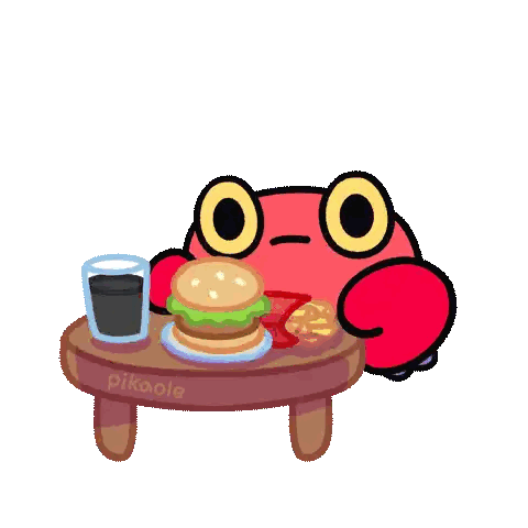 a cartoon drawing of a crab eating french fries and a hamburger with the name pikaole on the bottom