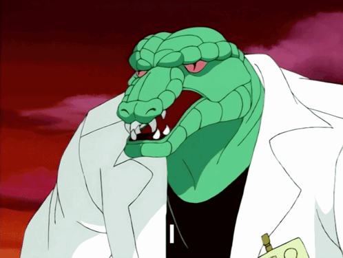 A Cartoon Drawing Of A Crocodile Wearing A Lab Coat And A Name Tag With The Number 20 On It GIF