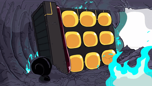 a cartoon drawing of a cube with circles on it in a cave