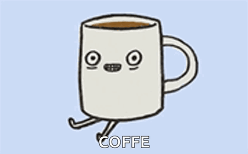 A Cartoon Drawing Of A Cup Of Coffee With A Face And Feet . GIF