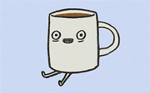A Cartoon Drawing Of A Cup Of Coffee With A Face And Feet . GIF