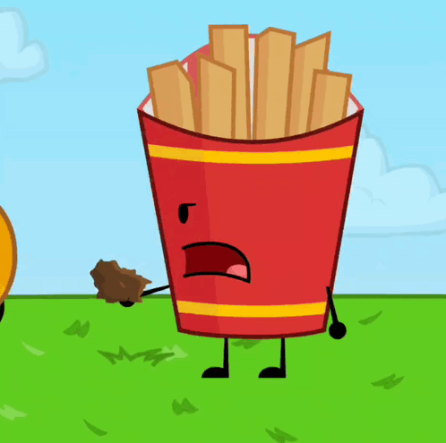 a cartoon drawing of a cup of french fries with a face and arms