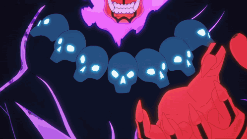 a cartoon drawing of a demon with a necklace of skulls around his neck