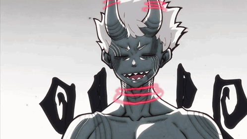 A Cartoon Drawing Of A Demon With Horns And A Red Circle Around His Neck GIF