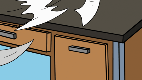 A Cartoon Drawing Of A Desk With A Piece Of Paper Flying Off Of It GIF
