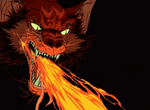 A Cartoon Drawing Of A Devil With Flames Coming Out Of Its Mouth GIF
