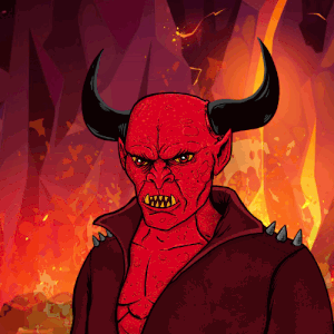 A Cartoon Drawing Of A Devil With Horns And Spikes On His Shoulder GIF