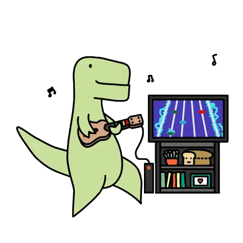 a cartoon drawing of a dinosaur playing a guitar in front of a television