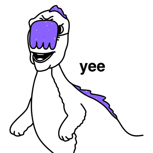 a cartoon drawing of a dinosaur with a purple eye mask and the word yee below it